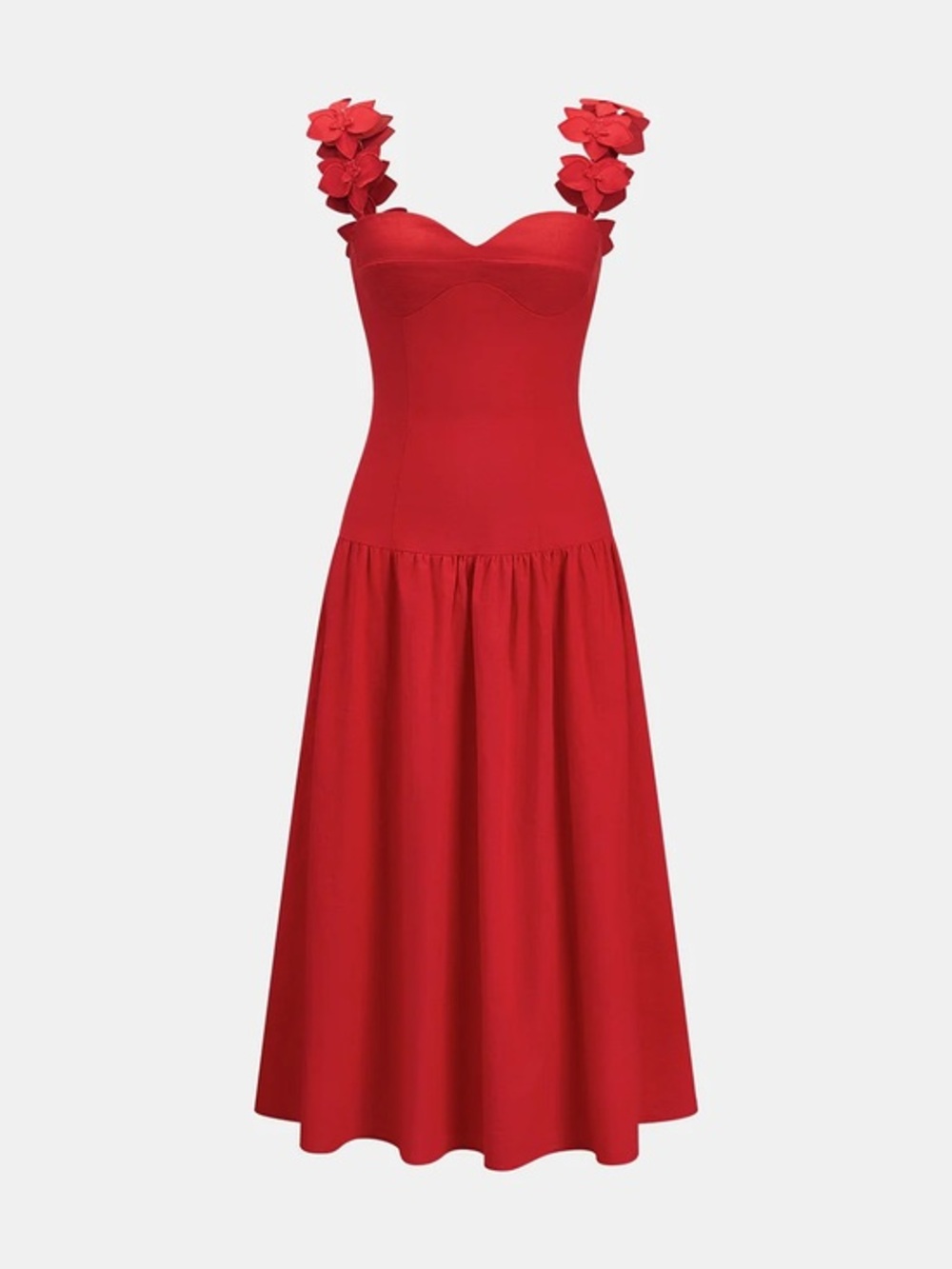 Red Floral-Strap Midi Dress